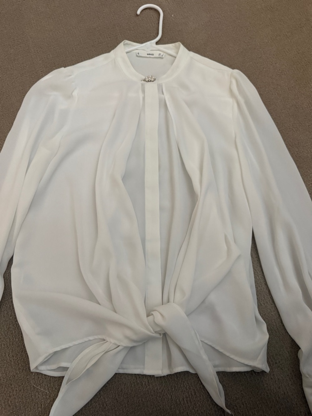 Mango White Tie-Front Long-Sleeve Blouse with Jewel Neck Detail